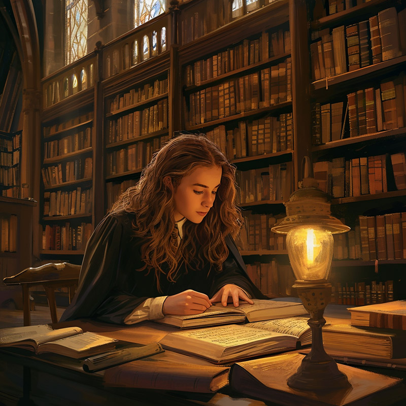 Hermione Studying in the Hogwarts Library