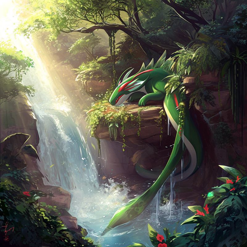 Rayquaza in a Serene Natural Setting