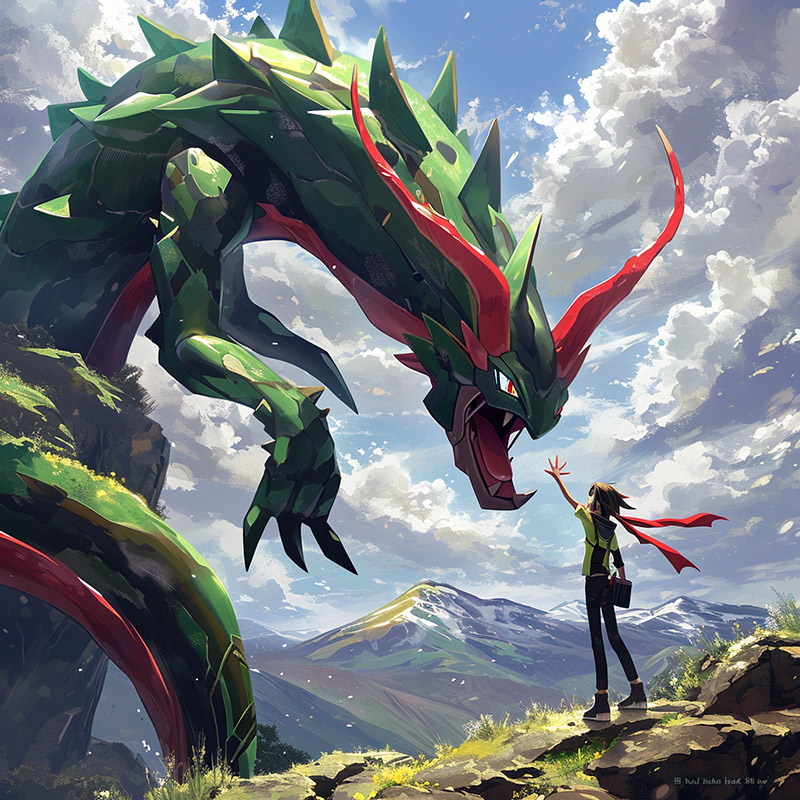 Rayquaza and a Pokemon Trainer
