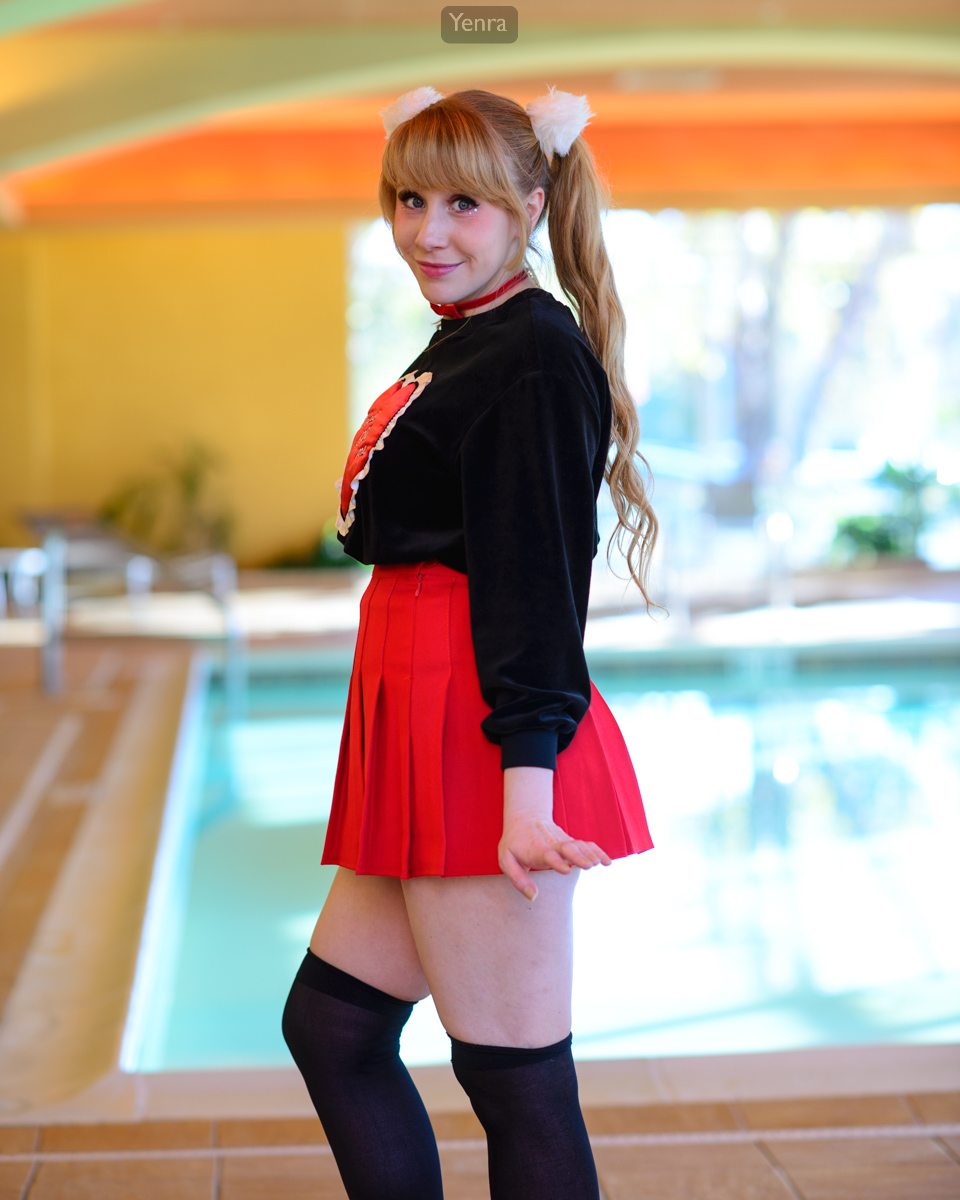 Red skirt, black top