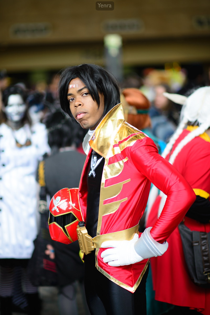 Cosplay with Gold Red Jacket and Helmet with Cross Sword Emblem