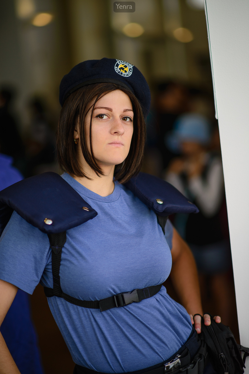 Jill Valentine from Resident Evil cosplaying at an indoor event.