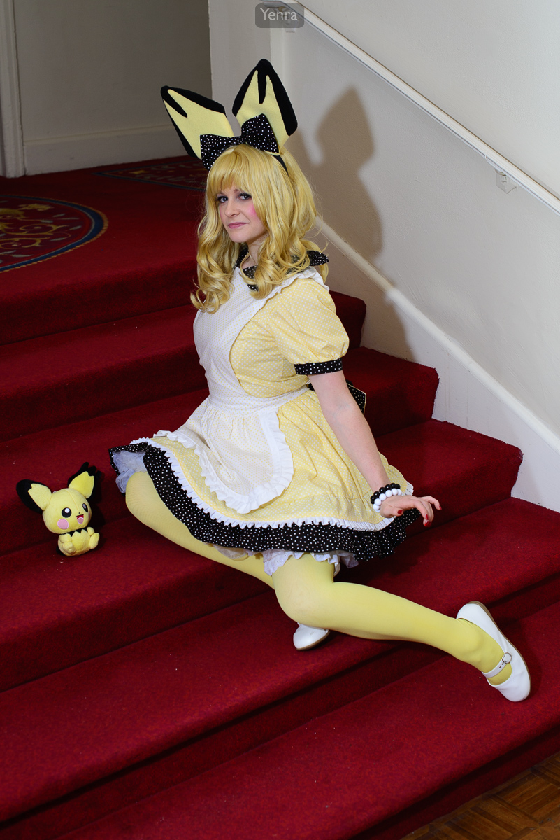 Lolita Pichu cosplay by white pillar cosplay on red stairs