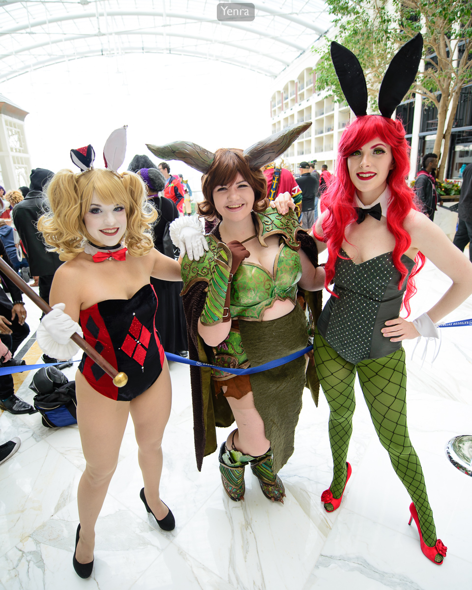 Bunny Harley Quinn and Poison Ivy with Mordremoth from Guild Wars 2