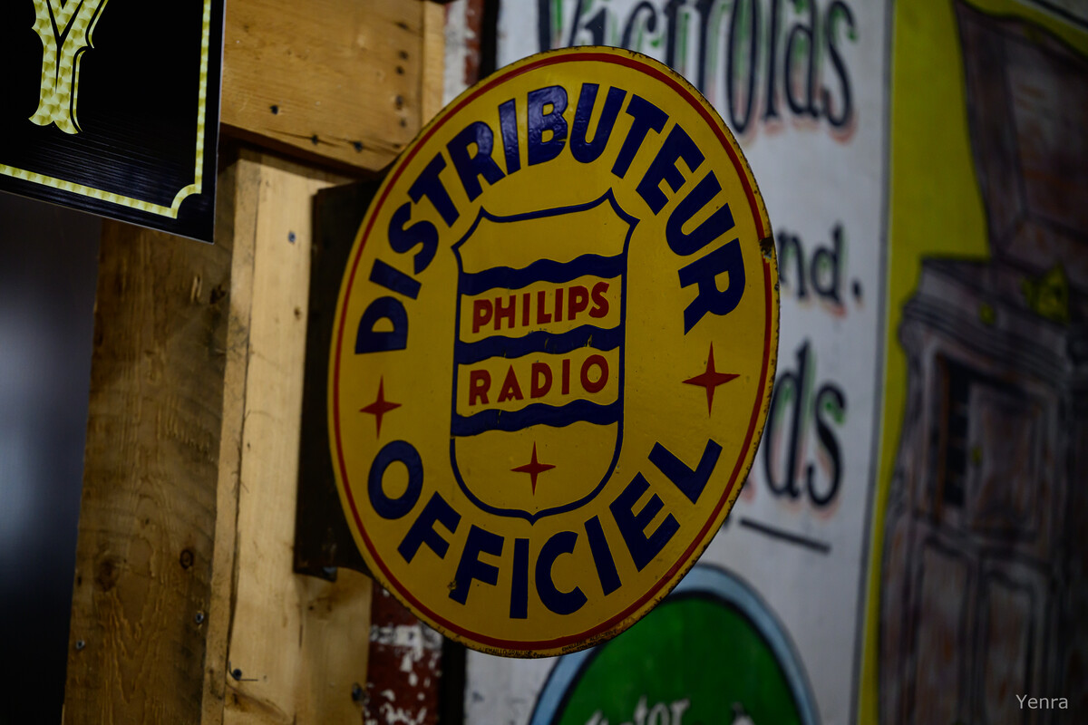 Vintage Philips Radio distributor sign mounted on wood