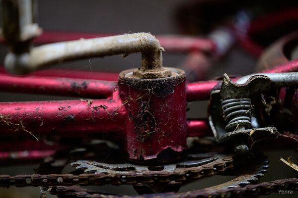 Close-up of a decaying red bicycle frame with rusted gears and a broken chain mechanism.