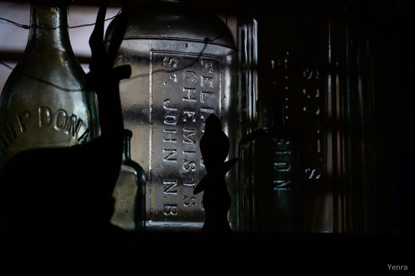 Silhouettes of people stand in front of backlit glass bottles with embossed text.