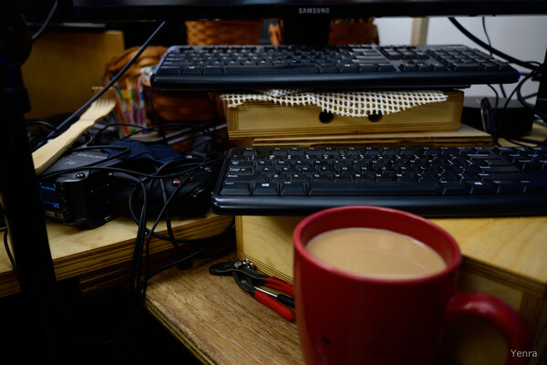 A desk with two keyboards, a red coffee mug, and wires.