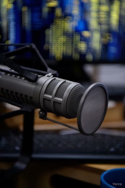 Close-up of a grey RE-20 microphone with a pop filter against a blurred background of blue and yellow lights.