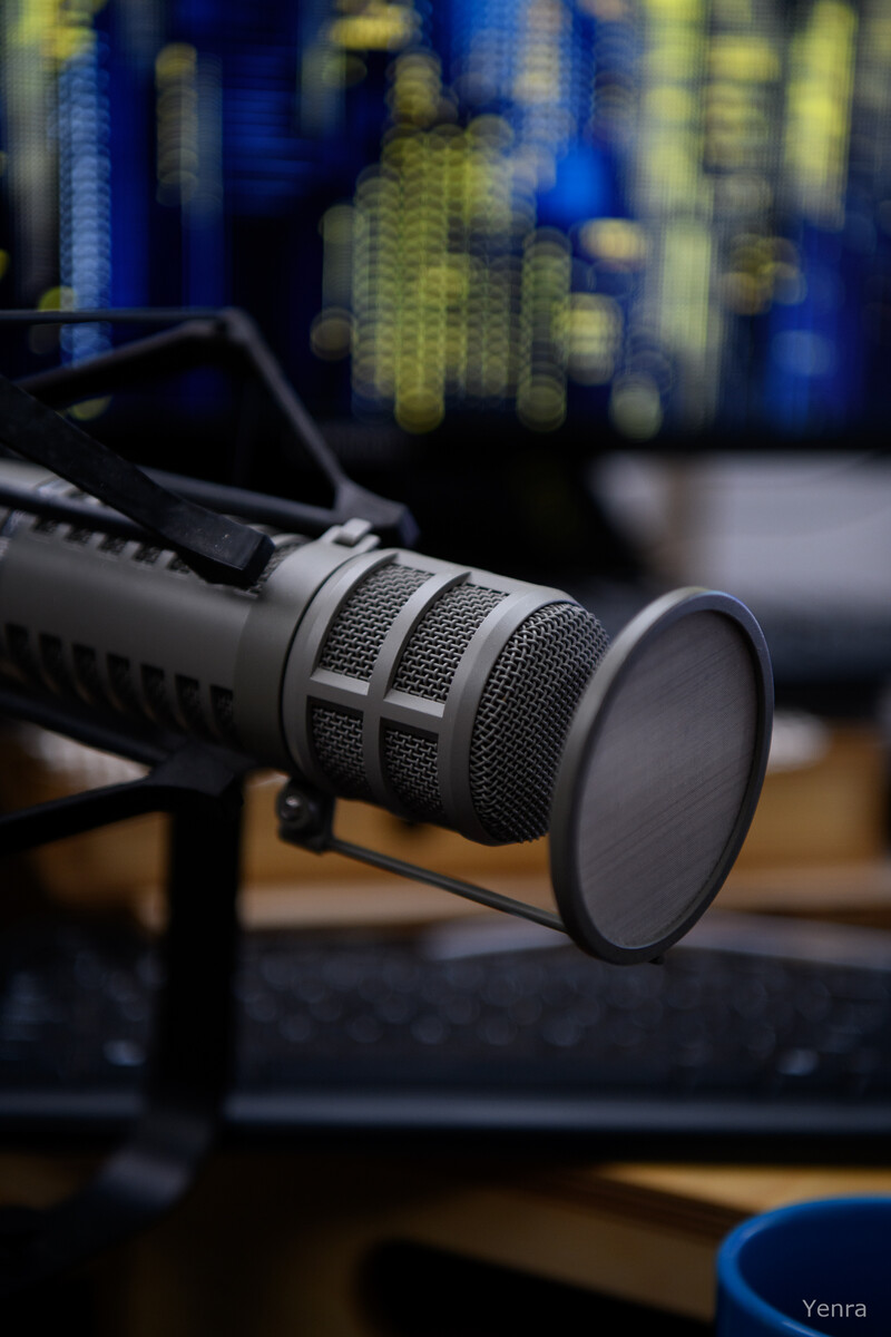 Close-up of a grey RE-20 microphone with a pop filter against a blurred background of blue and yellow lights.