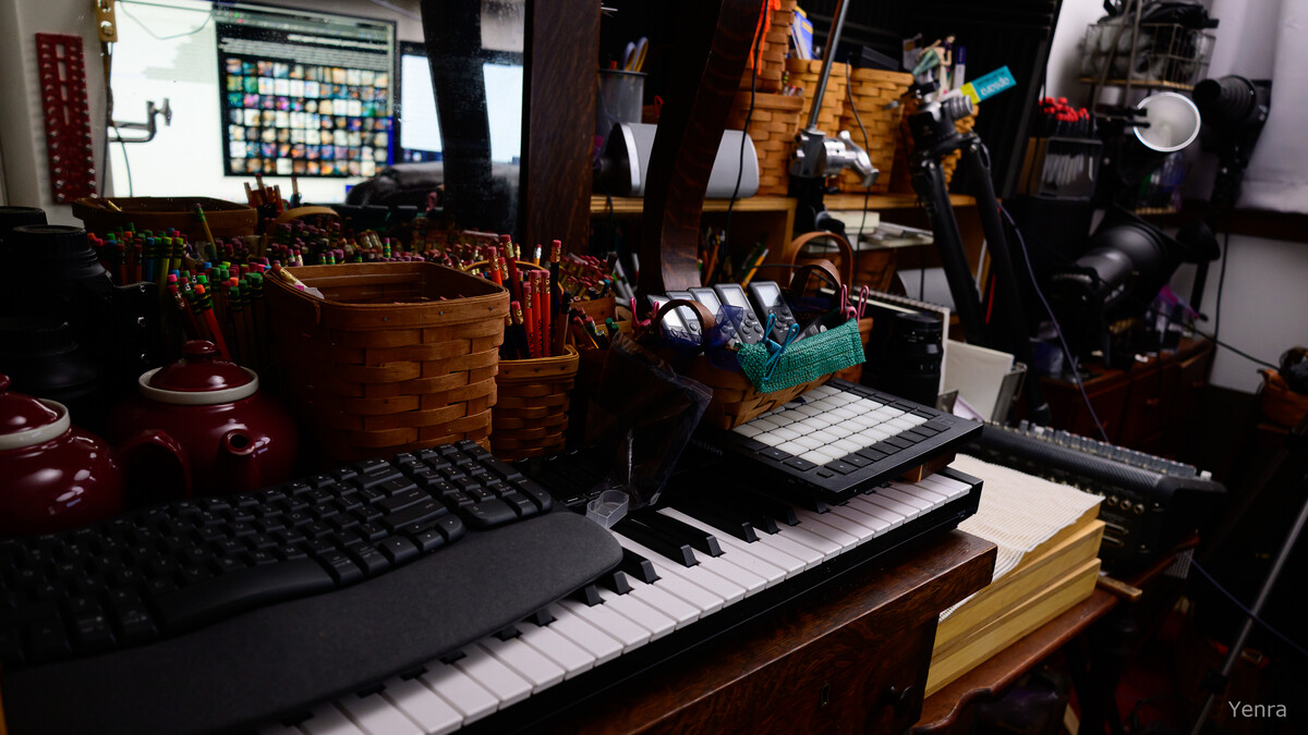 A cluttered desk with keyboards, baskets of writing utensils, and studio lighting equipment.