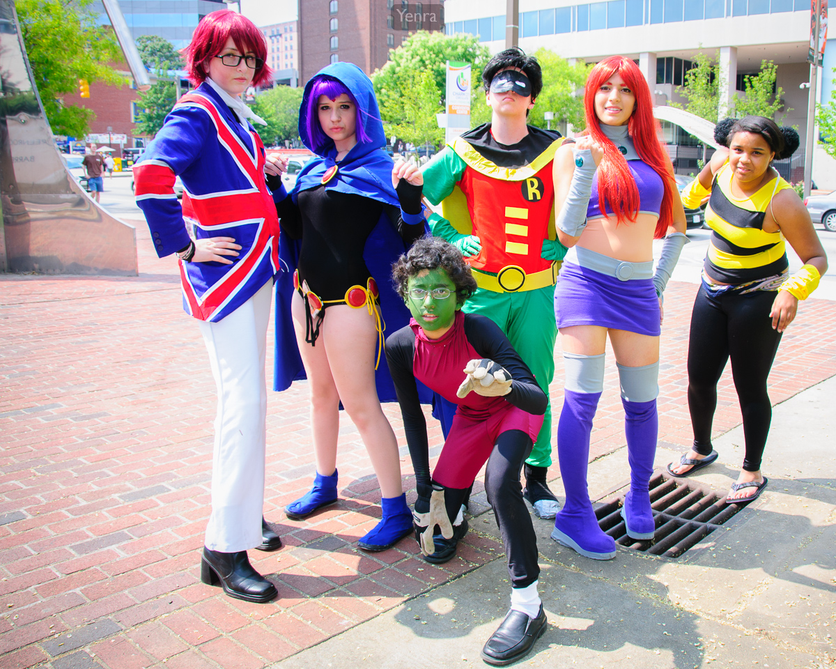 Mad Mod, Raven, Beast Boy, Robin, Starfire, and Bumblebee from Teen Titans
