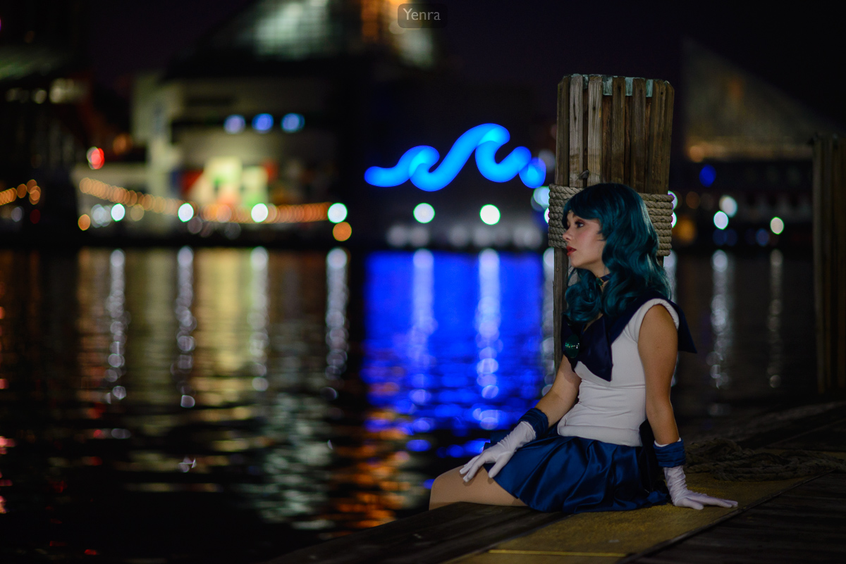 Sailor Neptune by the water at night